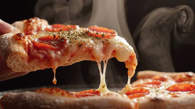 Hand lifting hot pepperoni pizza slice with stretching melted cheese and steam. Fresh baked Italian fast food and delicious cheesy meal concept