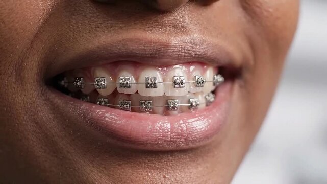 Close-up smile of person wearing metal braces on upper and lower teeth. Orthodontic treatment and dental alignment progress. Teeth straightening and oral care concept