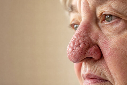 Rhinophyma in Older Woman With Enlarged Lobulated Nose and Thickened Skin