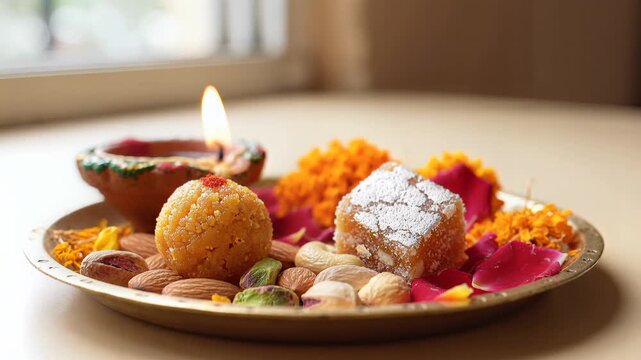 Karwa chauth puja thali with sweets flowers and lit oil lamp