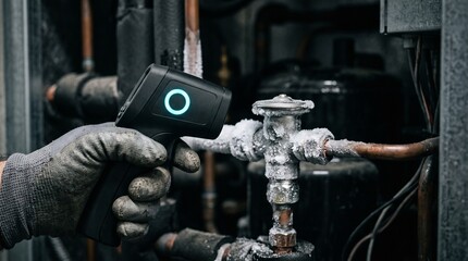 Fototapeta premium Technician using an infrared thermometer to inspect industrial pipe valves