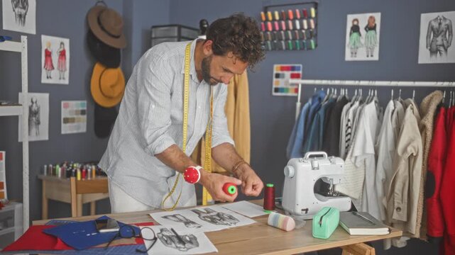 Man measures fabric with tape around neck, hands holding thread spool and sketches spread on table in a studio; craftsmanship focus.