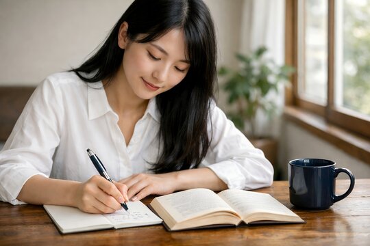 自宅のテーブルで読書をしながらノートにペンで文字を書いている若い女性