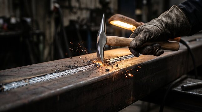 Industrial metal worker using a chipping hammer to clean slag from a weld seam