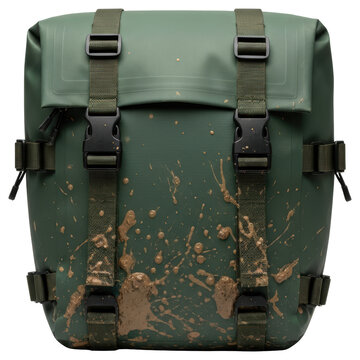 Rugged green waterproof backpack covered in mud splatters with transparent background