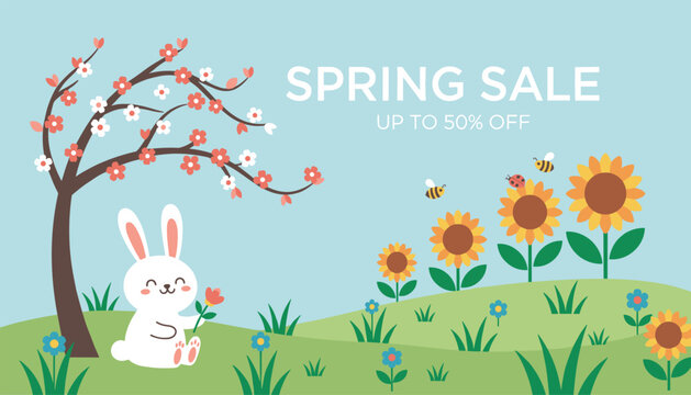 Spring sale advertisement banner featuring a cute white rabbit, a blooming cherry blossom tree, and yellow sunflowers.