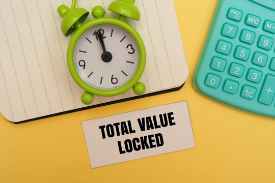 "TOTAL VALUE LOCKED" text with an alarm clock, notebook, and calculator. Highlights cryptocurrency, DeFi metrics, staking, investment management, and financial planning on a yellow background