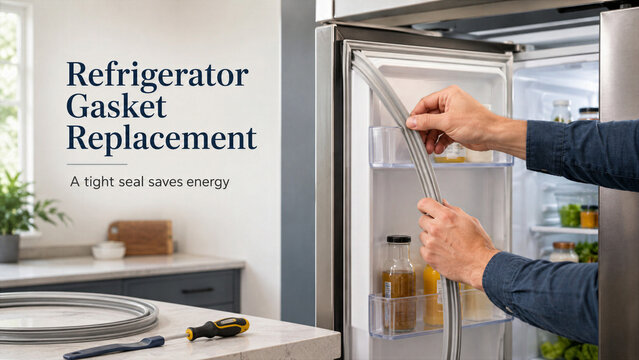 A person is replacing the gasket on a refrigerator in a kitchen. The new gasket is being fitted to ensure a tight seal. This helps improve energy savings and appliance efficiency
