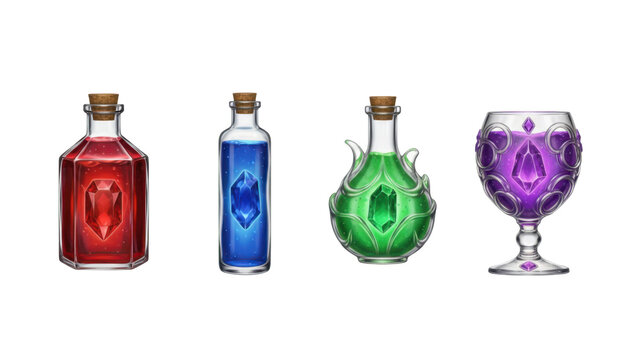 Set of Fantasy Magic Potions and Enchanted Chalice