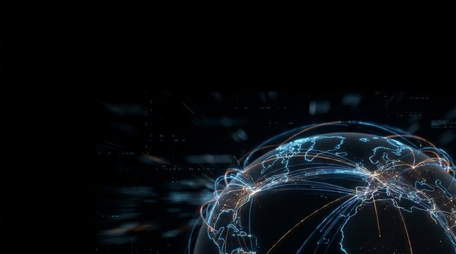 Dark globe of Earth with glowing fiber optic communication lines spanning across continents representing global internet.