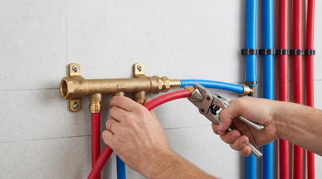 Professional plumber installing PEX tubing pipes onto a brass manifold system