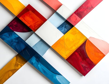 An abstract geometric constructivist composition of overlapping colored translucent acrylic glass plates