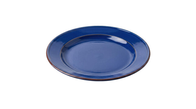 A single empty blue ceramic plate for dining on a table for serving food isolated on transparent background