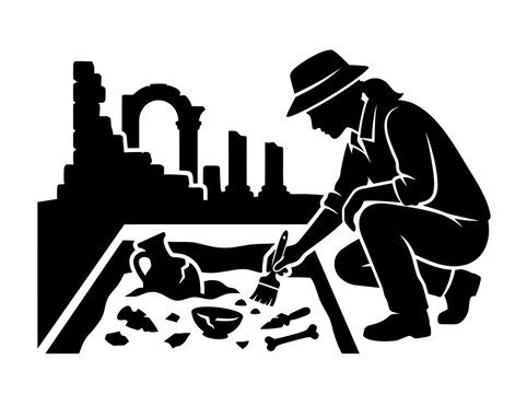 Archaeologist silhouette carefully uncovers ancient artifacts and pottery fragments with a brush at an excavation site near ruined historical columns.