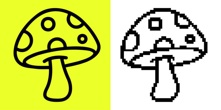 Two mushroom one line one pixel on yellow and white backgrounds