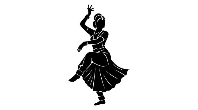 Black silhouette of an indian classical dancer performing a traditional pose on white background