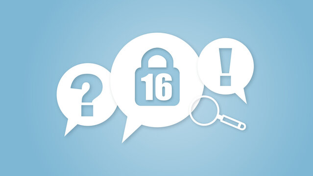A collection of speech bubbles featuring a question mark, a magnifying glass, and a padlock with the number 16 signifies a professional FAQ section on security and data privacy.