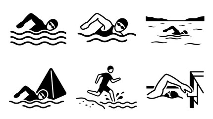 Fototapeta premium Set of black swimming icons showing people swimming and water activities in simple style