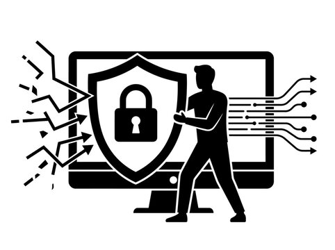 Cybersecurity concept showing a human figure holding a protective shield with a padlock icon in front of a computer monitor representing digital data defense and network safety measures.
