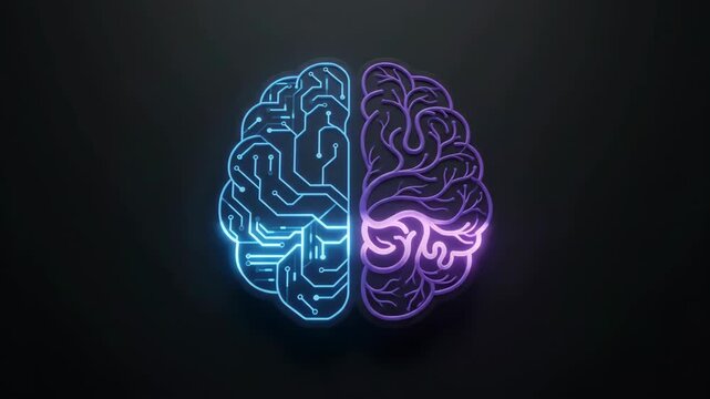 A conceptual video of a human brain split into a digital circuit side and an organic biological side.