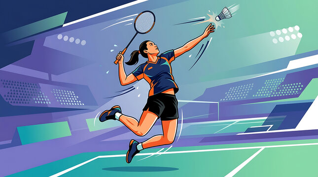 Woman athlete serving shuttlecock during competitive badminton match in arena with stadium lights