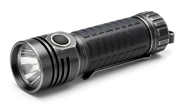 A high quality professional tactical flashlight on white background.