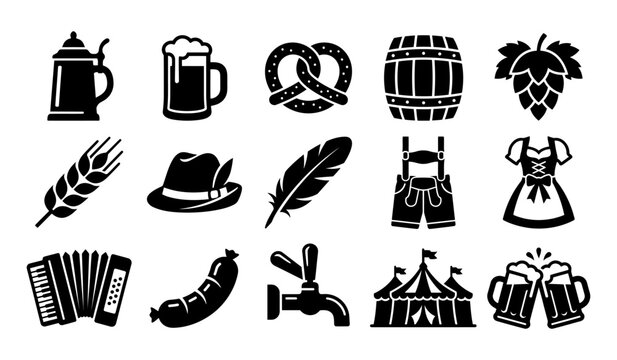 Oktoberfest celebration set with beer mugs traditional food and people in authentic German folk vectors silhouettes
