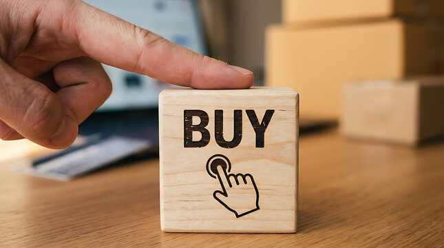 Finger touching a buy wooden block icon
