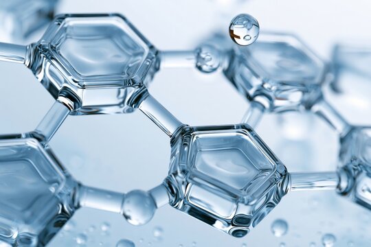 透明感溢れる六角形分子構造と水の滴が輝く未来技術