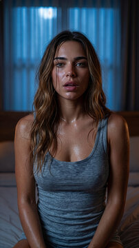 woman waking Up in bed terrified and sweating from a nightmare