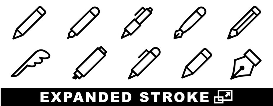Pen, pencil, and writing tool line vector icon set. Expanded stroke icons for edit button, stationery, highlight, and web UI.