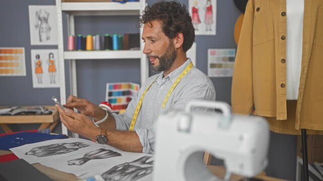 Man dressmaker with measuring tape taps smartphone while smiling at sketches and sewing machine in a design studio; creative contentment.