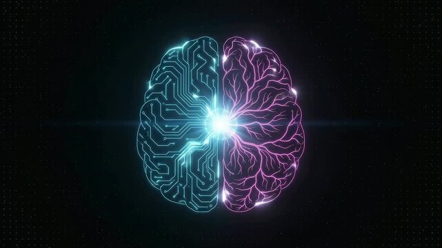 Artificial intelligence concept video showing a glowing digital brain with circuit and neural pathways on a dark background.