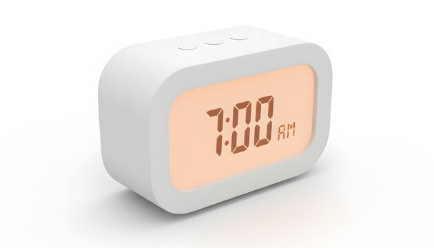 Modern white digital alarm clock showing 7 AM on glowing orange screen.