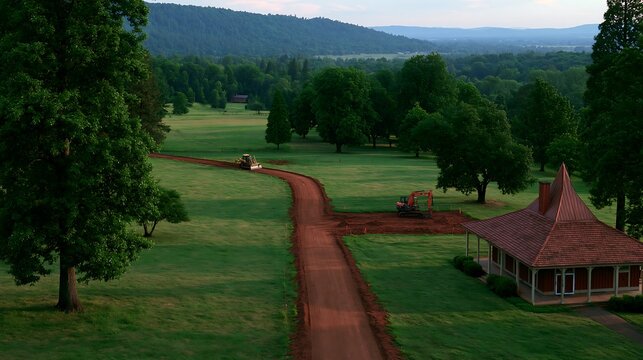 Tractors grading dirt road near historic rural estate during golden hour with lush green landscape