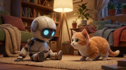 Fototapeta premium Small AI Robot and Playful Cat in Cozy Interior