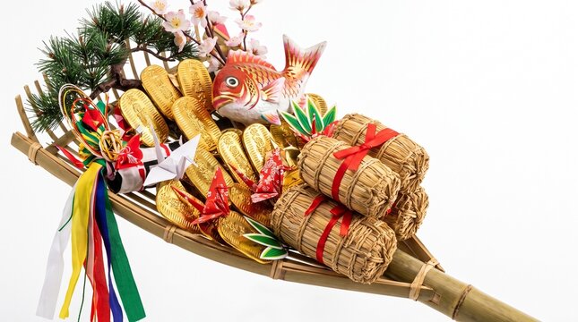 Ornate kumade lucky rake with golden ornaments isolated on white tori no ichi festival photo