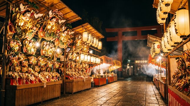 Rows of kumade rakes at glowing night stalls tori no ichi november festival market photo