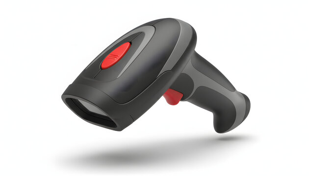 Modern black handheld barcode scanner with red trigger on white background.