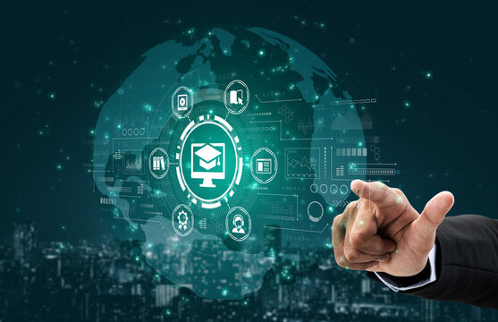 Global Education Technology Concept with Icons and Hand Gesture on a Digital Interface Visualizing Online Learning and Academic Growth. Entropy.