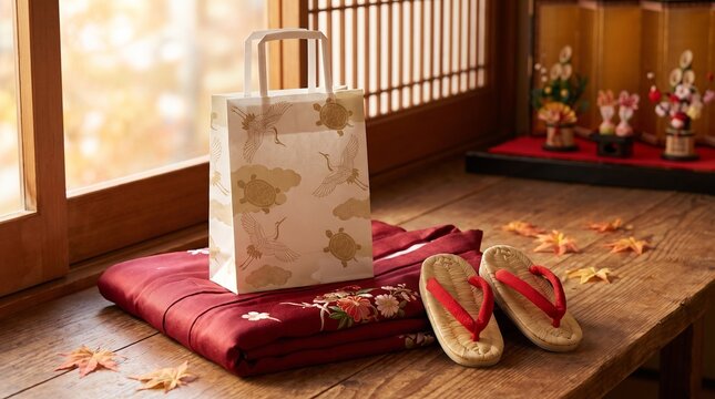 Chitose ame bag on red kimono with zori sandals shichi go san celebration scene photo no people