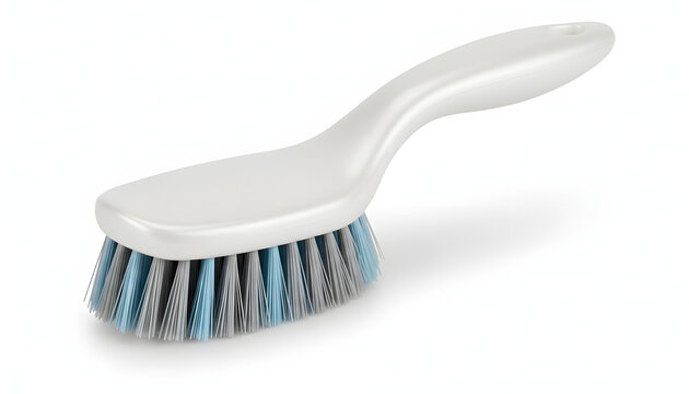 A white plastic cleaning brush with blue and grey bristles isolated on white.
