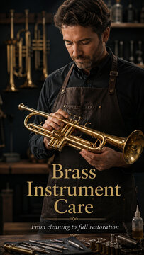 A person is working on a brass trumpet in a workshop filled with tools and instruments. They are focused on cleaning and restoring the instrument to good condition