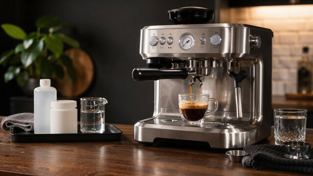 A person makes coffee in a modern kitchen. The espresso machine is working, and a cup is filling with dark coffee. Various containers are on the counter