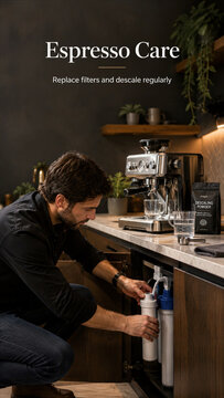 A man works on an espresso machine in a kitchen. He checks the water filters and prepares to descale it. The kitchen has a countertop and some glassware