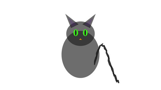 Spooky green-eyed cartoon cat with glowing eyes, isolated on transparent background