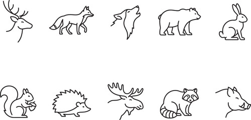 Obraz premium Woodland Animal Hand Drawn Line Art Collection Featuring Deer, Fox, Wolf, Bear, Rabbit, Squirrel, Hedgehog and Other Forest Wildlifewoodland, animal, deer, fox, wolf, bear, rabbit, squirrel, hedgehog,