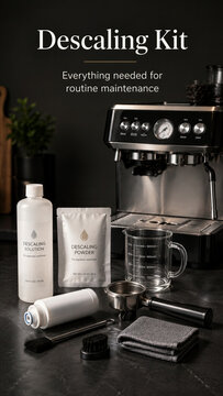 The setup includes a coffee machine and a descaling kit. Items are neatly arranged on a table. This is suitable for regular cleaning and maintenance tasks