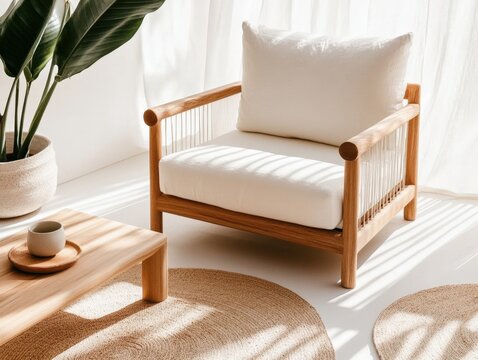 Stylish Minimalist Living Room Scene Featuring a Cozy Chair and Natural Elements in Bright Light