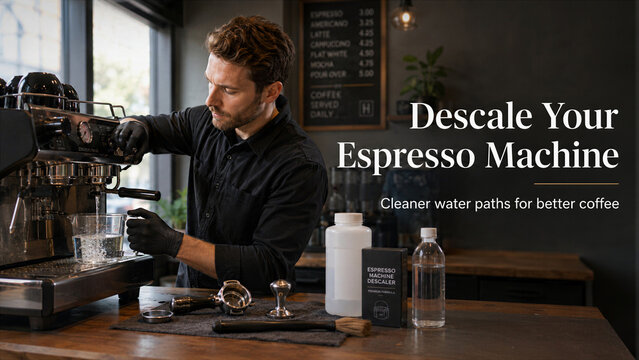 A man in a black shirt and gloves uses equipment to descale an espresso machine at a cafe. He pours clean water into a clear glass. The setting shows coffee tools and bottles